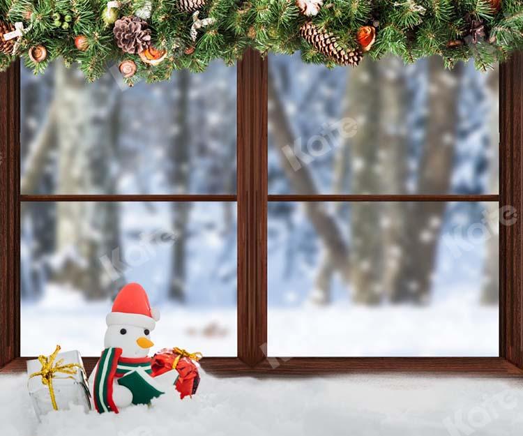 Kate Weihnachten Winter Holz Fenster Schneemann Hintergrund von Chain Photography