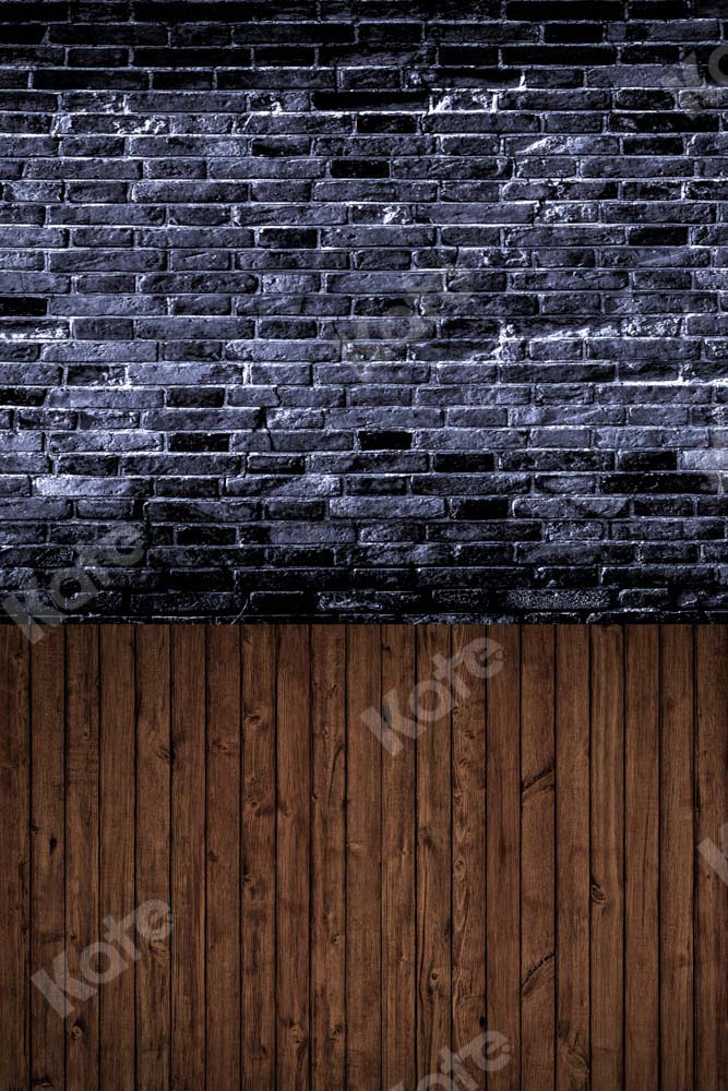Kate Kombibackdrop retro Schwarze Backsteinmauer Braunes Holz Hintergrund - Kate Backdrop.de