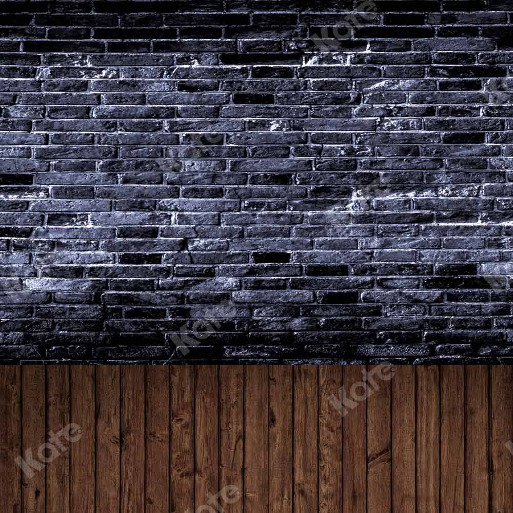 Kate Kombibackdrop retro Schwarze Backsteinmauer Braunes Holz Hintergrund - Kate Backdrop.de