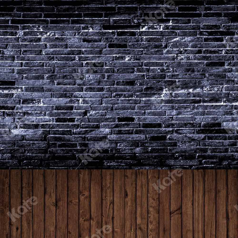 Kate Kombibackdrop retro Schwarze Backsteinmauer Braunes Holz Hintergrund - Kate Backdrop.de
