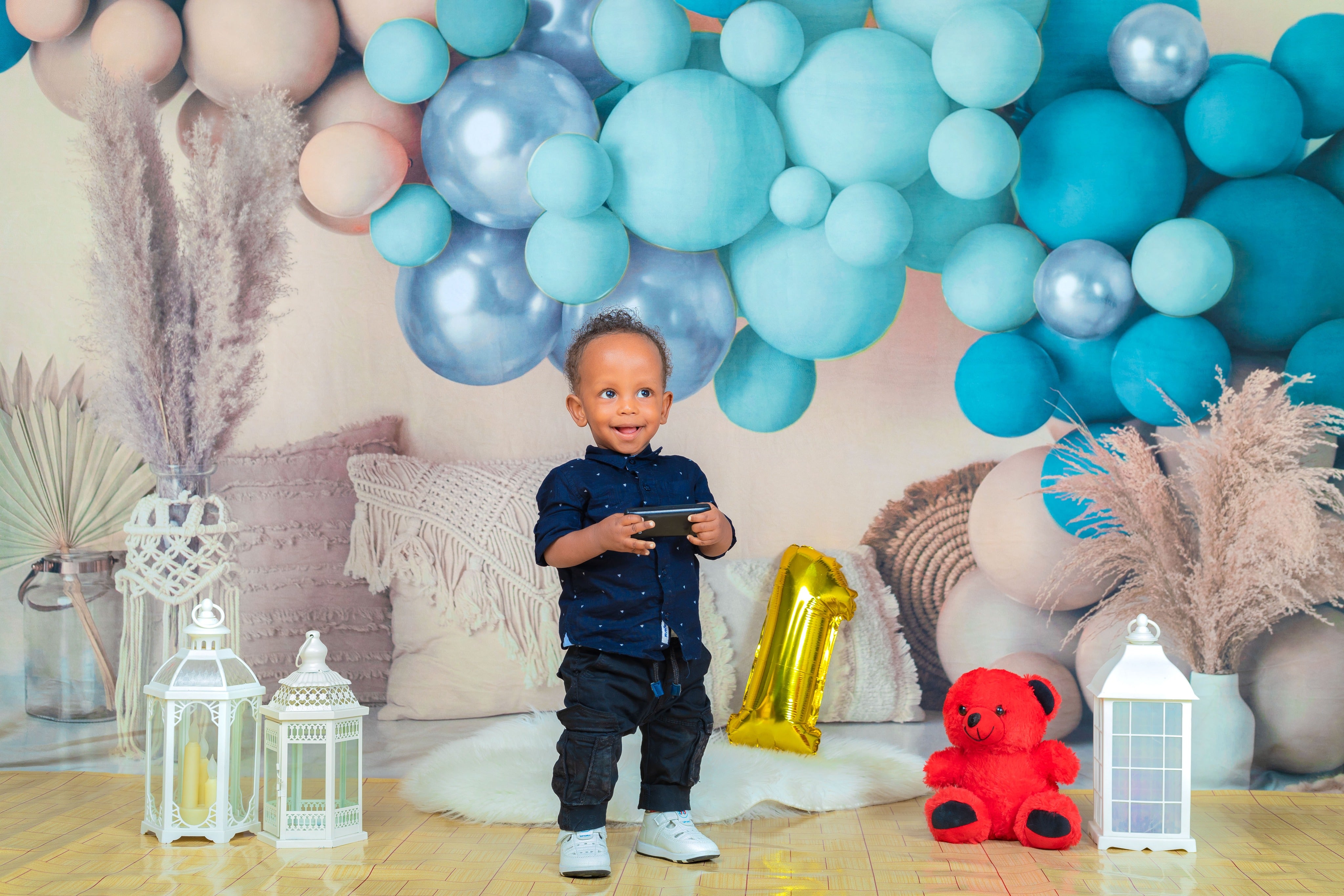 Kate Boho Luftballon Hintergrund blau Kissen Sommer von Mandy Ringe Photography - Kate Backdrop.de