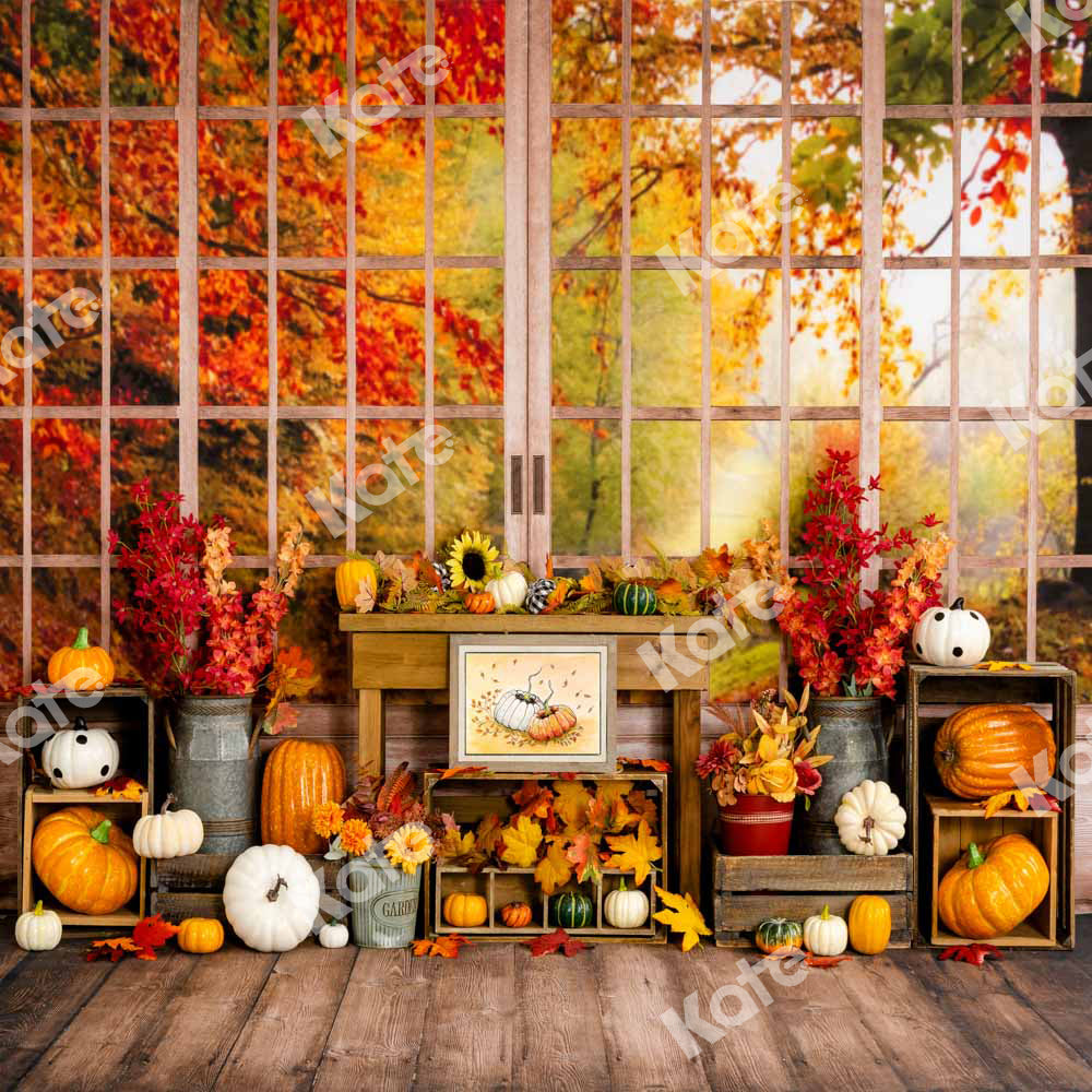 Kate Herbst Hintergrund Kürbis Halloween Sonnenblumen Fenster von Uta Mueller Photography