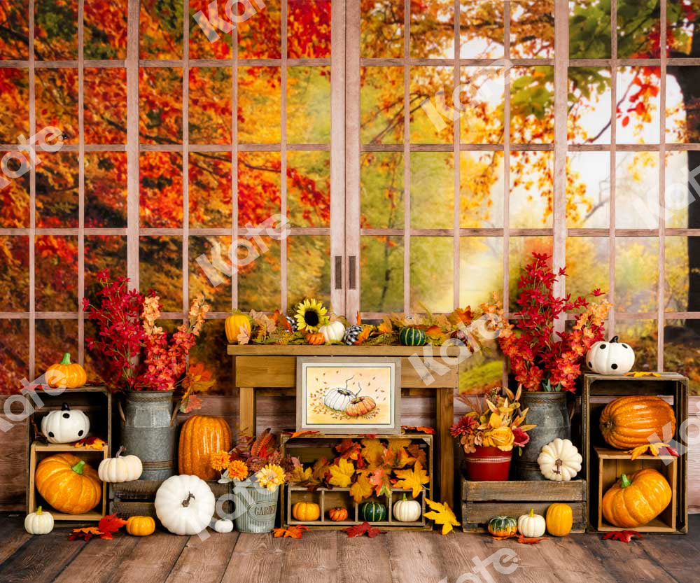Kate Herbst Hintergrund Kürbis Halloween Sonnenblumen Fenster von Uta Mueller Photography