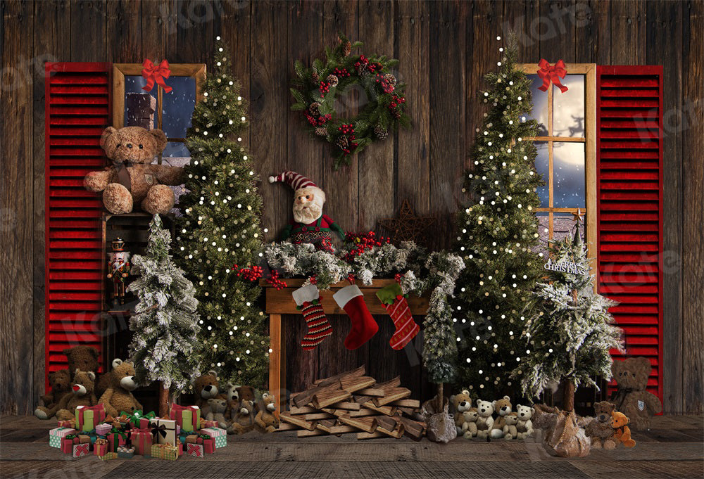 Kate Vintage Holz Hintergrund Weihnachten Kamin Teddybär für Fotografie - Kate Backdrop.de