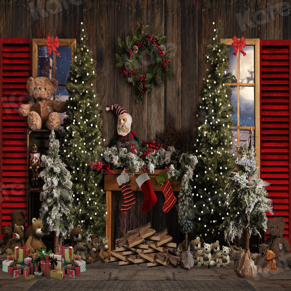 Kate Vintage Holz Hintergrund Weihnachten Kamin Teddybär für Fotografie - Kate Backdrop.de