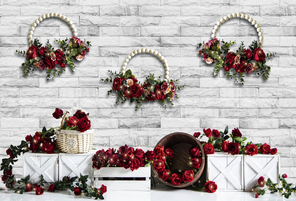 Kate Valentinstag Rose Kranz Weiß Backstein Wand Hintergrund für Fotografie