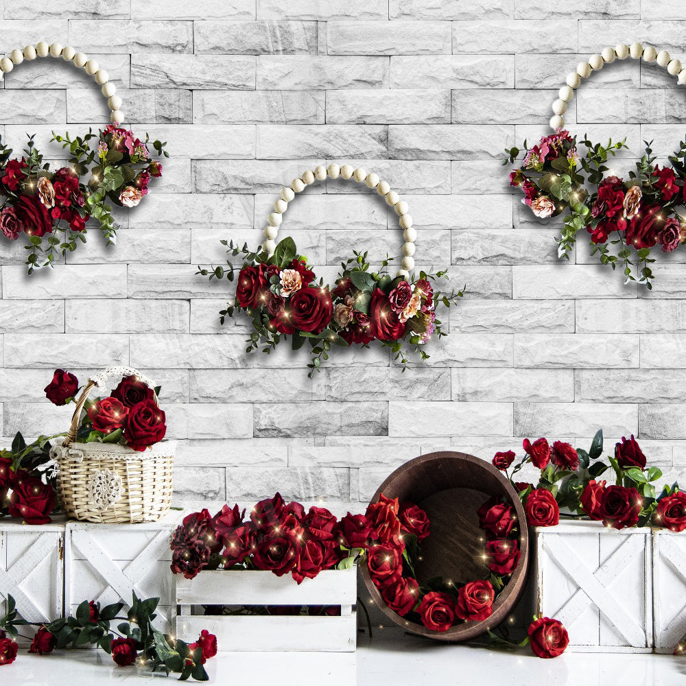 Kate Valentinstag Rose Kranz Weiß Backstein Wand Hintergrund für Fotografie