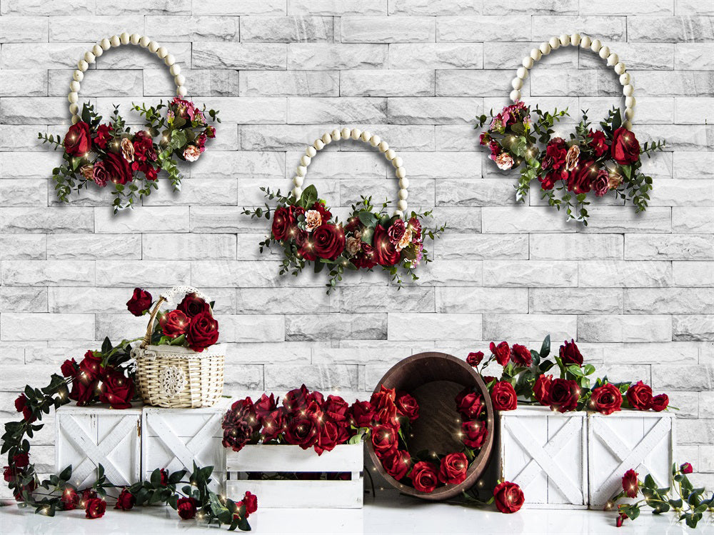 Kate Valentinstag Rose Kranz Weiß Backstein Wand Hintergrund für Fotografie