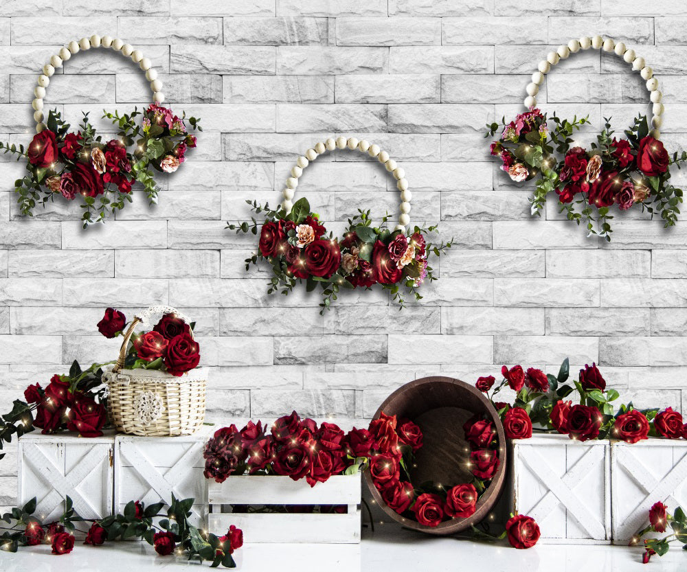 Kate Valentinstag Rose Kranz Weiß Backstein Wand Hintergrund für Fotografie