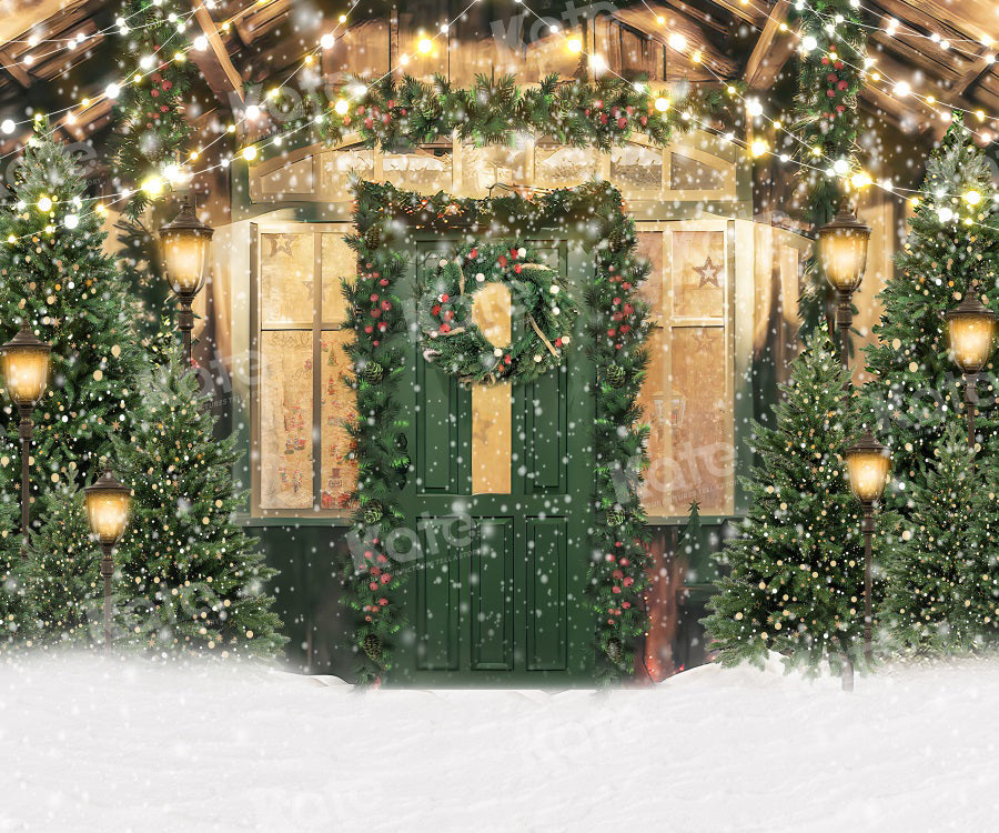 Kate Weihnachten Schnee Grün Tür Bäume Hintergrund für Fotografie