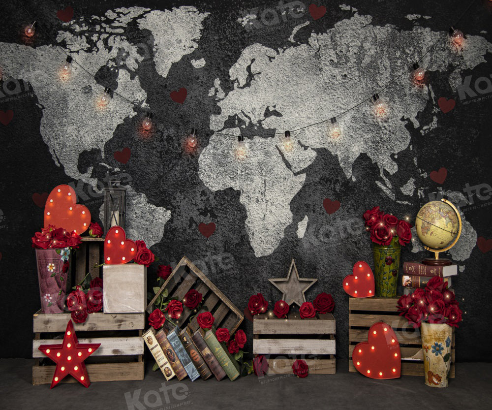Kate Valentinstag Weltkarte Reise-Hintergrund für Fotografie - Kate Backdrop.de