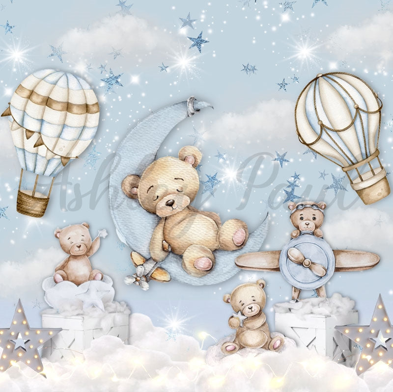 Kate Bär Heißer Ballon Blauer Hintergrund von Ashley Paul - Kate Backdrop.de