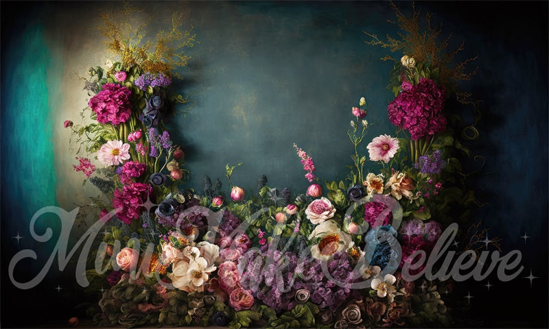 Kate Fine Art Oil Painterly floral Dark Teal Hintergrund von Mini MakeBelieve - Kate Backdrop.de