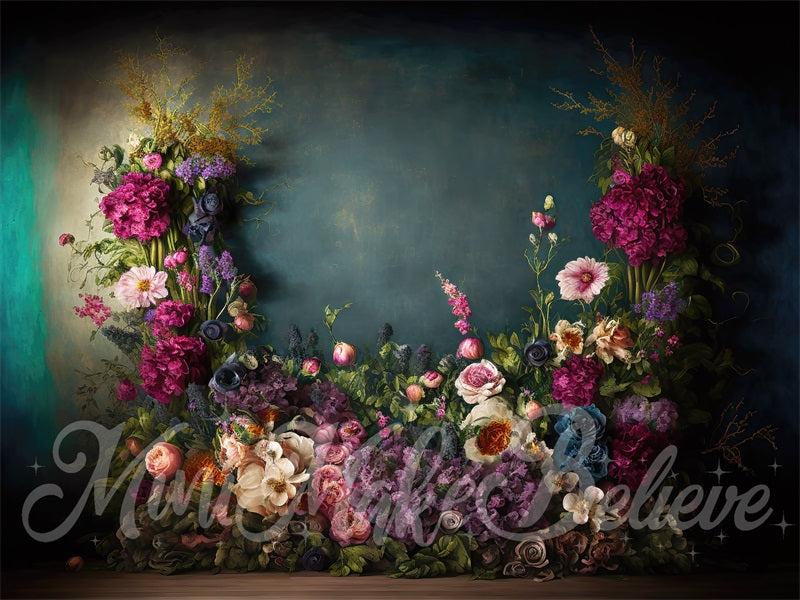 Kate Fine Art Oil Painterly floral Dark Teal Hintergrund von Mini MakeBelieve - Kate Backdrop.de