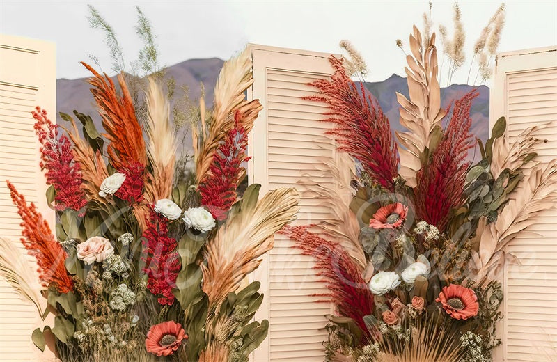 Kate Malerisch Boho Creme Holz Türen Getrocknete Blumen Pampas Hintergrund von Mini MakeBelieve - Kate Backdrop.de