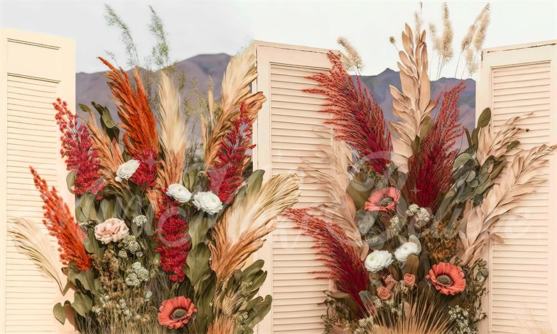 Kate Malerisch Boho Creme Holz Türen Getrocknete Blumen Pampas Hintergrund von Mini MakeBelieve - Kate Backdrop.de
