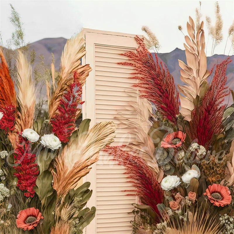 Kate Malerisch Boho Creme Holz Türen Getrocknete Blumen Pampas Hintergrund von Mini MakeBelieve - Kate Backdrop.de
