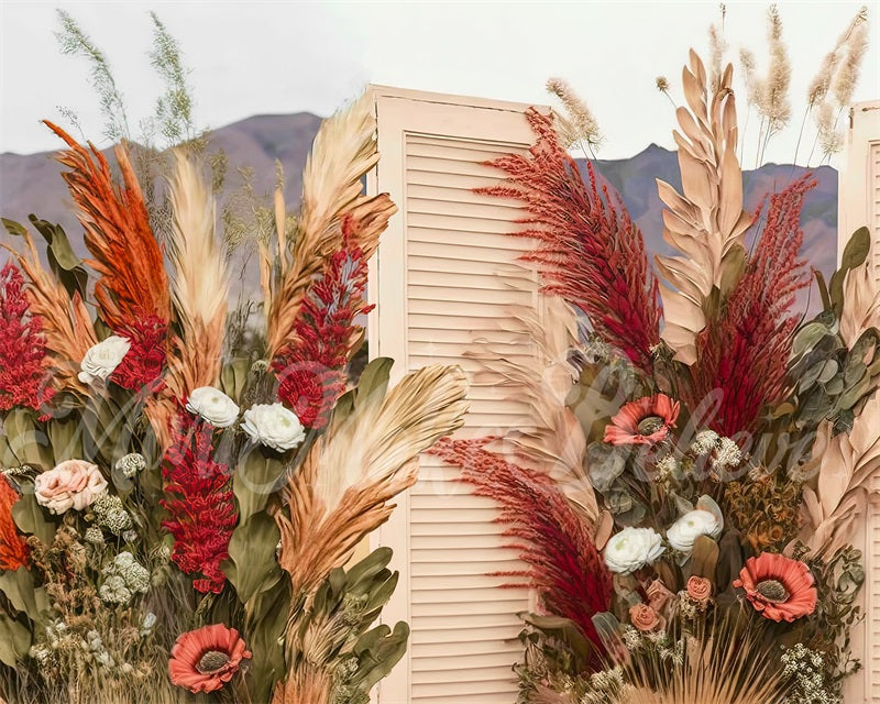 Kate Malerisch Boho Creme Holz Türen Getrocknete Blumen Pampas Hintergrund von Mini MakeBelieve - Kate Backdrop.de