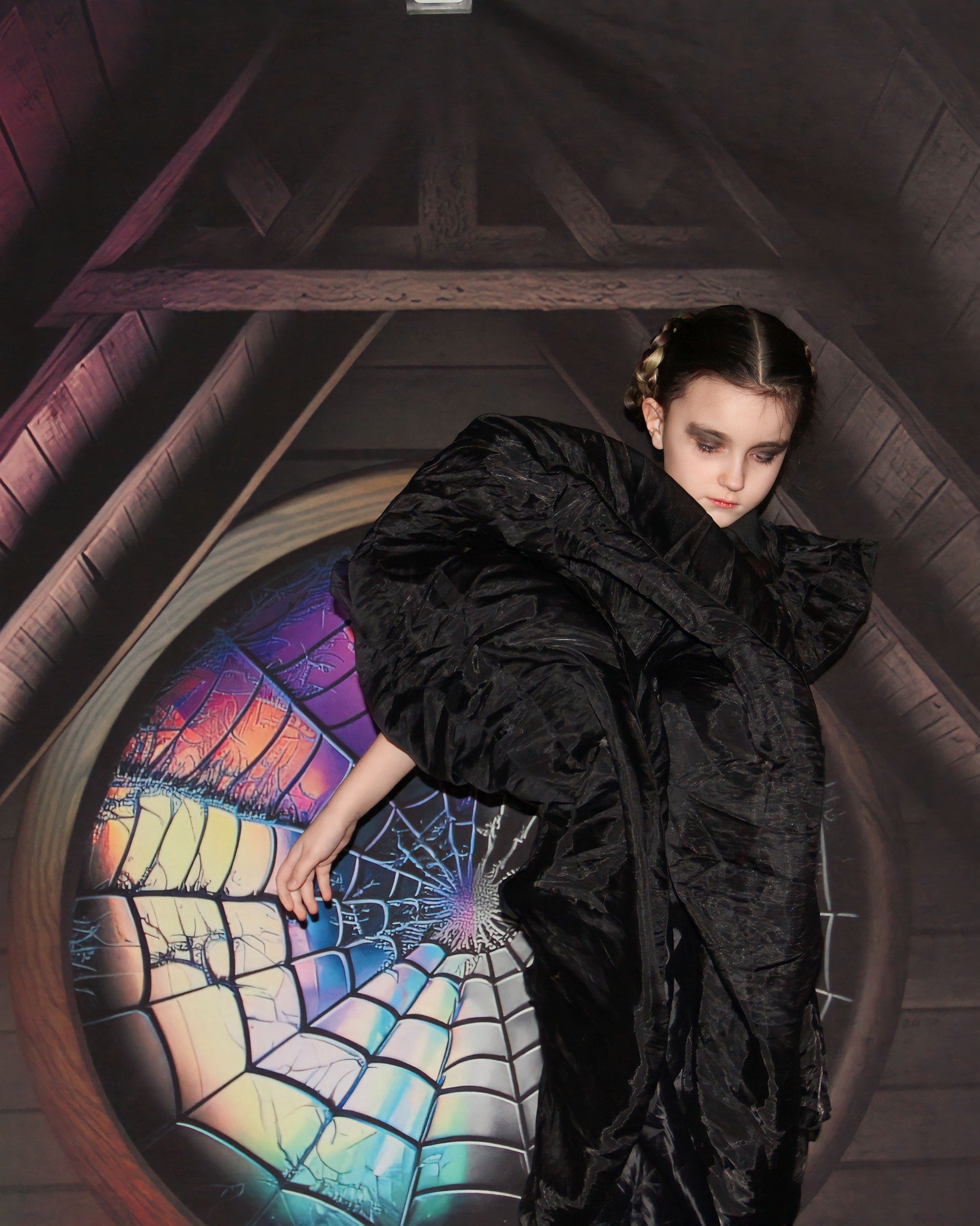 Kate Spooky Halloween Dachboden Dorm Zimmer bunte Spinnennetz Fenster Hintergrund von Mini MakeBelieve - Kate Backdrop.de