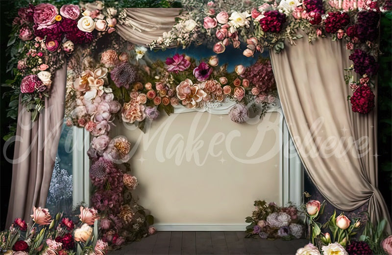 Kate Painterly Fine Art Floral Antiker Kamin mit Vorhängen Hintergrund von Mini MakeBelieve - Kate Backdrop.de