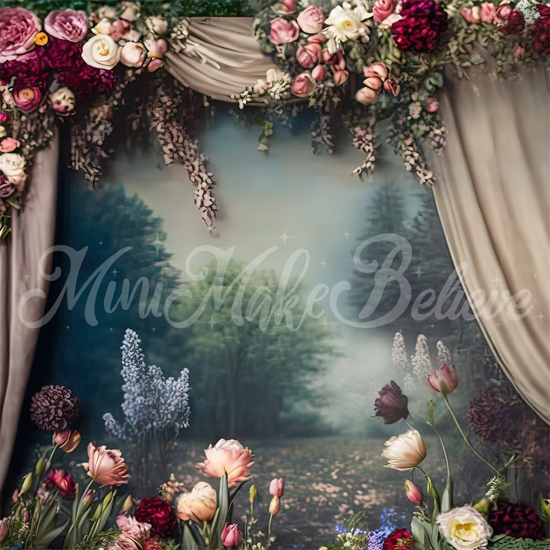 Kate Painterly Fine Art Blumen Vintage-Landschaft mit Vorhängen Hintergrund von Mini MakeBelieve