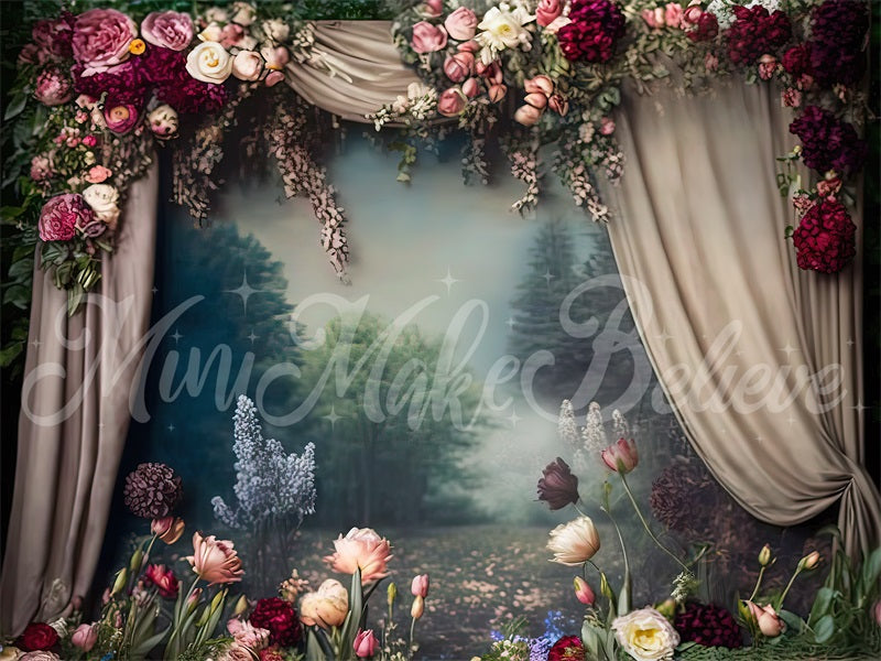 Kate Painterly Fine Art Blumen Vintage-Landschaft mit Vorhängen Hintergrund von Mini MakeBelieve