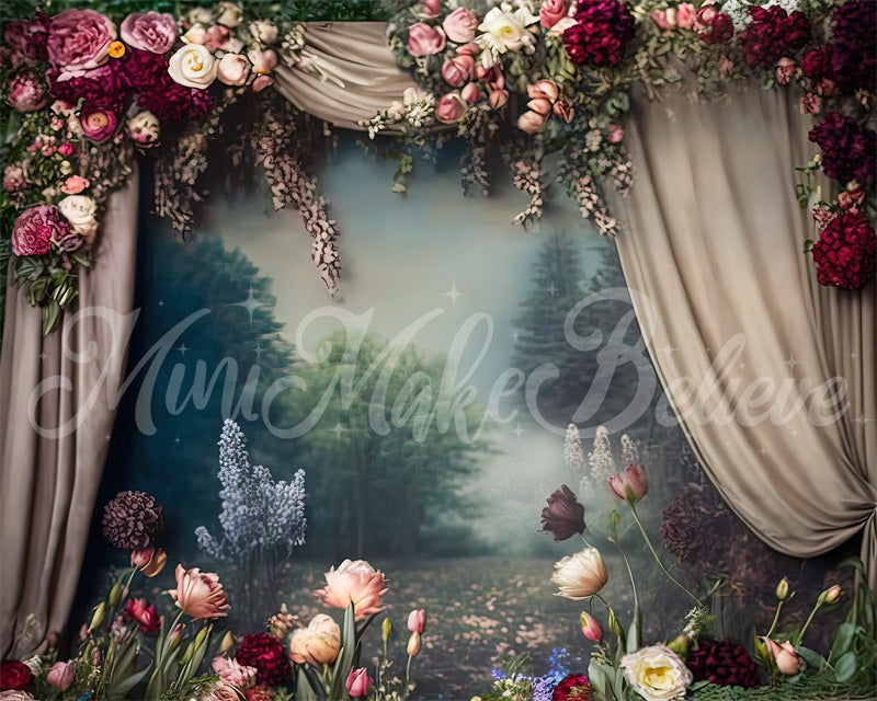 Kate Painterly Fine Art Blumen Vintage-Landschaft mit Vorhängen Hintergrund von Mini MakeBelieve