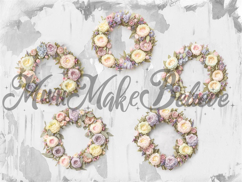 Kate Malerische Frühlings-Osterkränze mit Blumen auf einem Hintergrund aus Beton von Mini MakeBelieve - Kate Backdrop.de