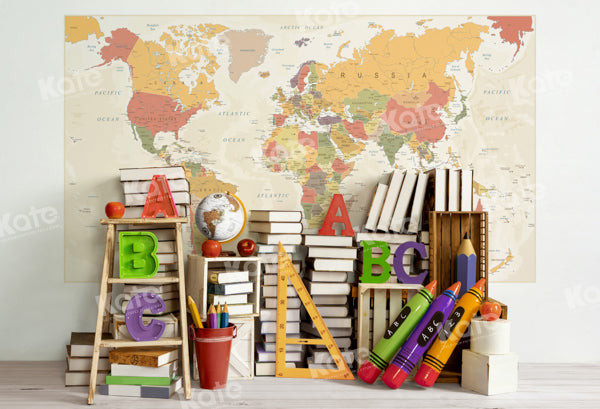 Kate Zurück zu Schule Weltkarte Buch Regal Hintergrund von Emetselch - Kate Backdrop.de