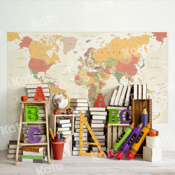 Kate Zurück zu Schule Weltkarte Buch Regal Hintergrund von Emetselch - Kate Backdrop.de