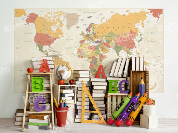 Kate Zurück zu Schule Weltkarte Buch Regal Hintergrund von Emetselch - Kate Backdrop.de
