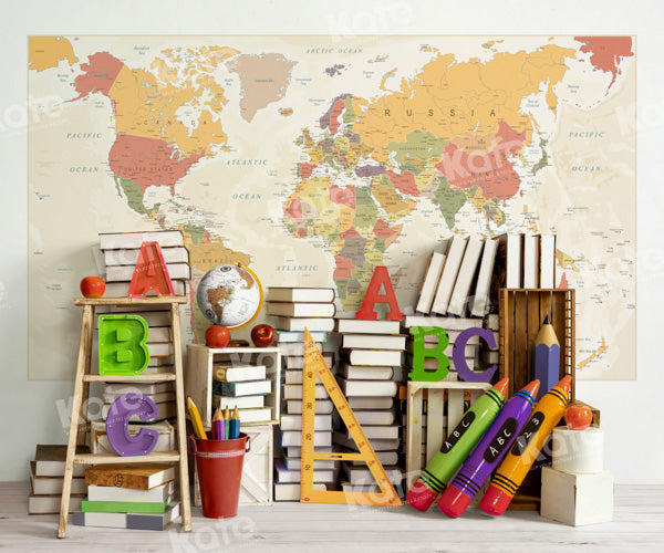 Kate Zurück zu Schule Weltkarte Buch Regal Hintergrund von Emetselch - Kate Backdrop.de