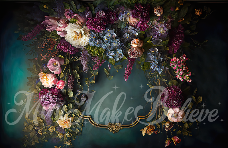 Kate Fine Art Floral Dark Teal mit Gold Trim Hintergrund von Mini MakeBelieve - Kate Backdrop.de