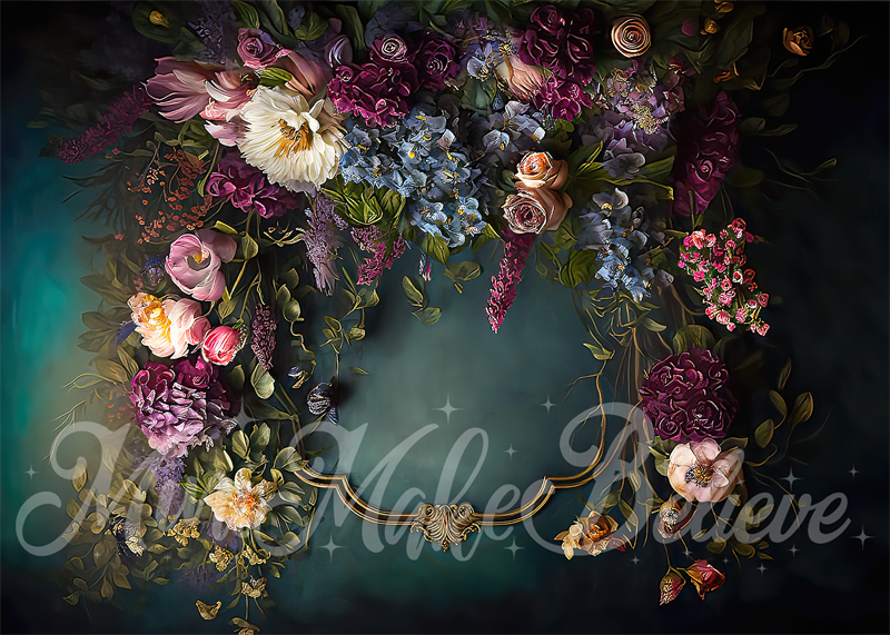 Kate Fine Art Floral Dark Teal mit Gold Trim Hintergrund von Mini MakeBelieve - Kate Backdrop.de