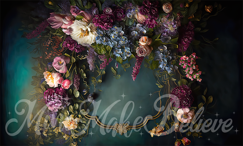 Kate Fine Art Floral Dark Teal mit Gold Trim Hintergrund von Mini MakeBelieve - Kate Backdrop.de