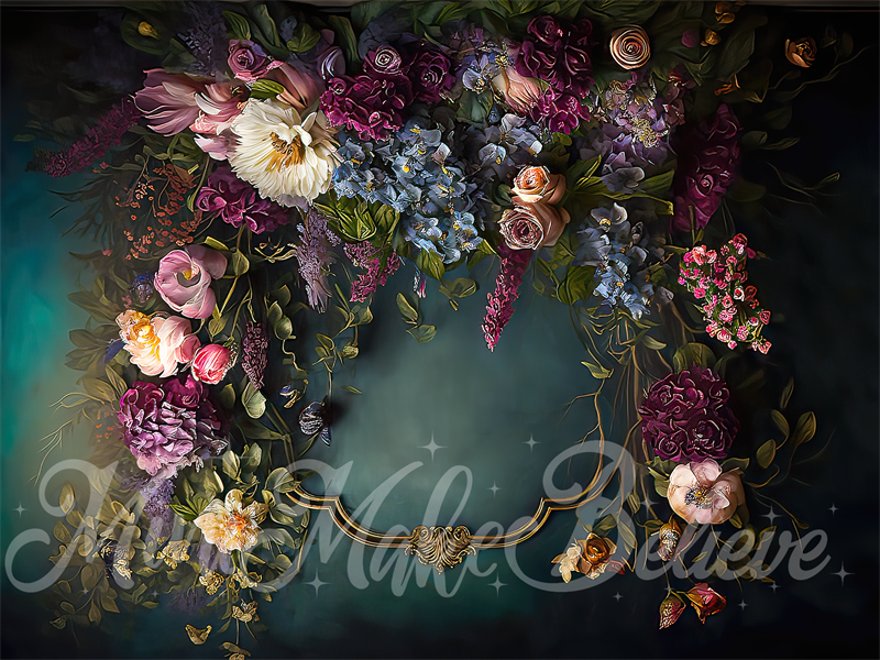 Kate Fine Art Floral Dark Teal mit Gold Trim Hintergrund von Mini MakeBelieve - Kate Backdrop.de