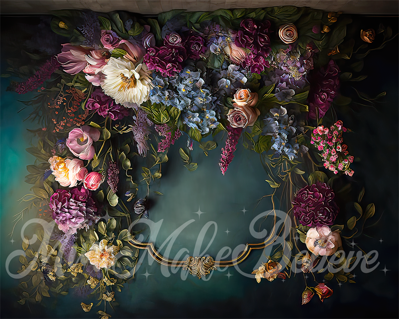 Kate Fine Art Floral Dark Teal mit Gold Trim Hintergrund von Mini MakeBelieve - Kate Backdrop.de