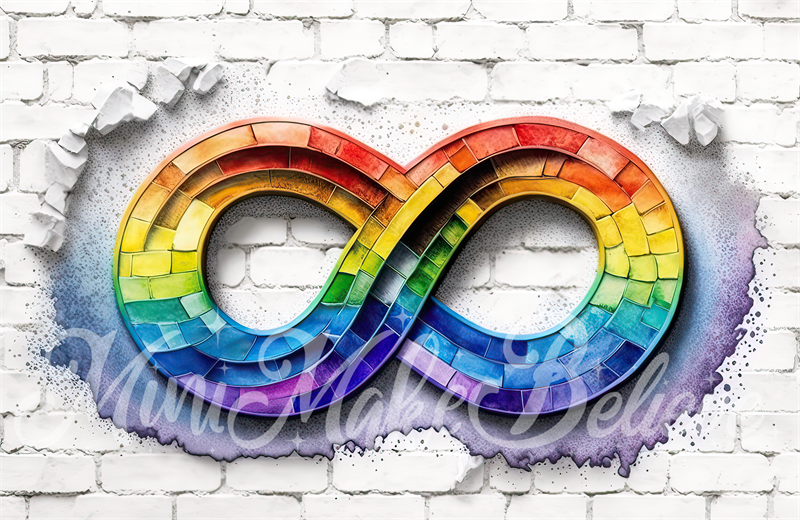 Kate Painterly Autismus Akzeptanz Regenbogen Unendlichkeit Spektrum auf weißer Backsteinmauer Hintergrund von Mini MakeBelieve