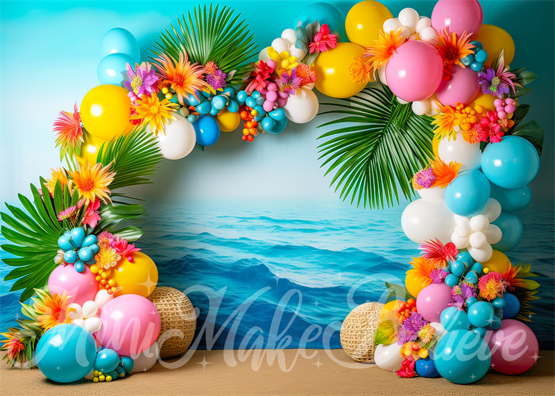 Kate Painterly Fine Art Strand Blume und Ballon Bogen Cake Smash Geburtstag Hintergrund von Mini MakeBelieve - Kate Backdrop.de
