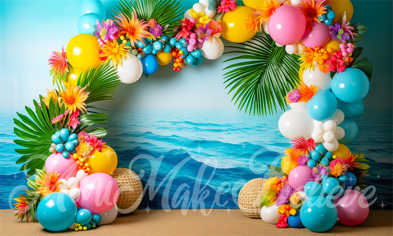 Kate Painterly Fine Art Strand Blume und Ballon Bogen Cake Smash Geburtstag Hintergrund von Mini MakeBelieve - Kate Backdrop.de