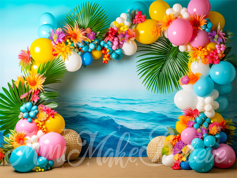 Kate Painterly Fine Art Strand Blume und Ballon Bogen Cake Smash Geburtstag Hintergrund von Mini MakeBelieve - Kate Backdrop.de