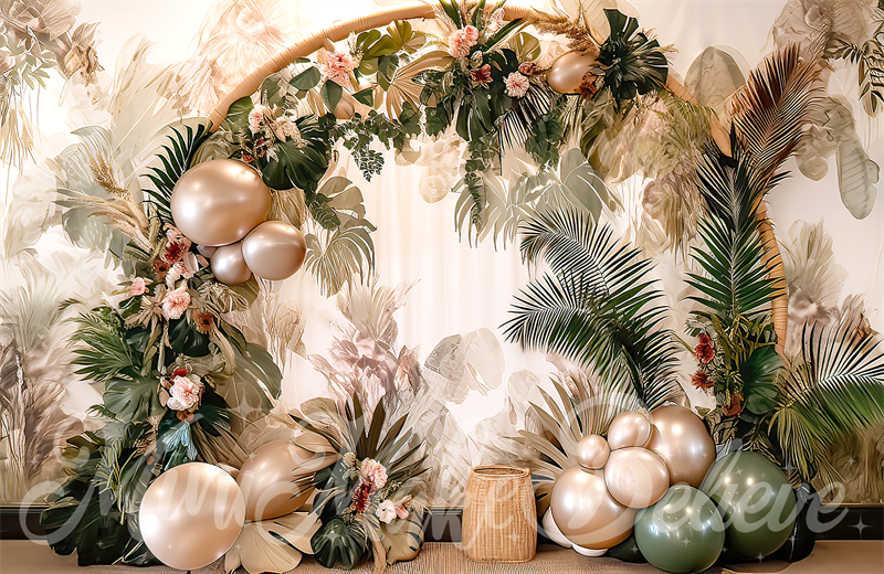 Kate Painterly Fine Art Boho Blume und Ballon Bogen Cake Smash Geburtstag Hintergrund von Mini MakeBelieve - Kate Backdrop.de