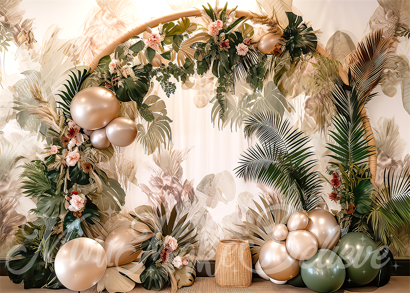 Kate Painterly Fine Art Boho Blume und Ballon Bogen Cake Smash Geburtstag Hintergrund von Mini MakeBelieve - Kate Backdrop.de
