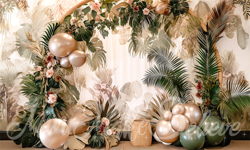 Kate Painterly Fine Art Boho Blume und Ballon Bogen Cake Smash Geburtstag Hintergrund von Mini MakeBelieve - Kate Backdrop.de