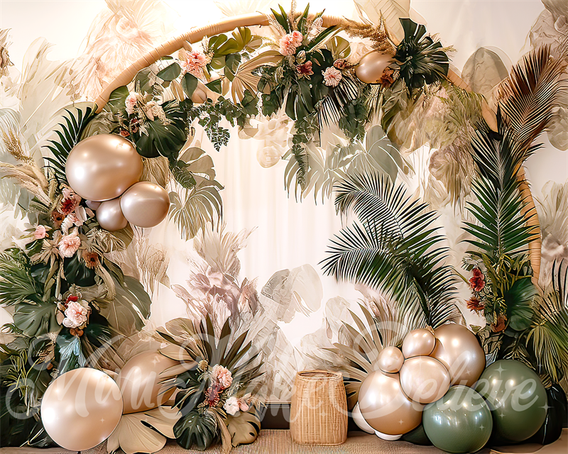 Kate Painterly Fine Art Boho Blume und Ballon Bogen Cake Smash Geburtstag Hintergrund von Mini MakeBelieve - Kate Backdrop.de