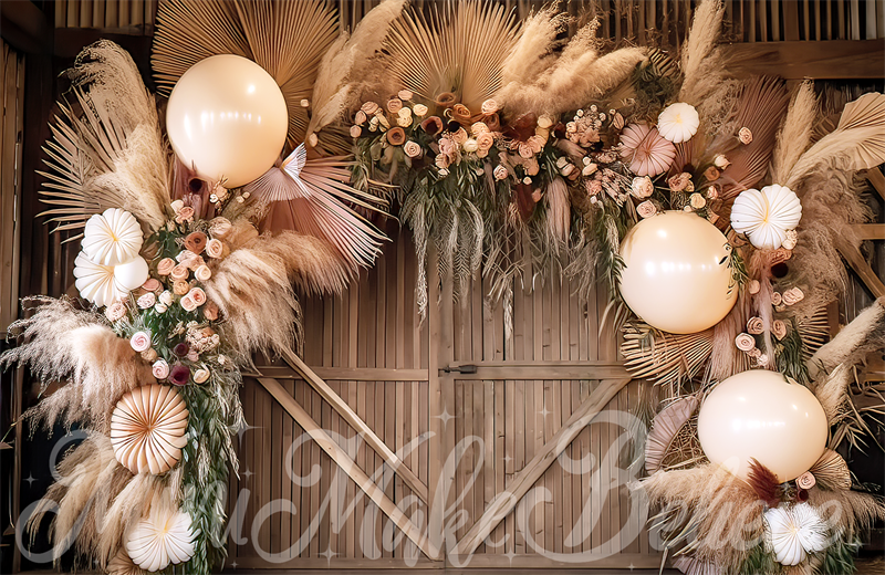 Kate Painterly Fine Art Boho Blume und große Ballon Bogen in Scheune Cake Smash Geburtstag Hintergrund von Mini MakeBelieve - Kate Backdrop.de