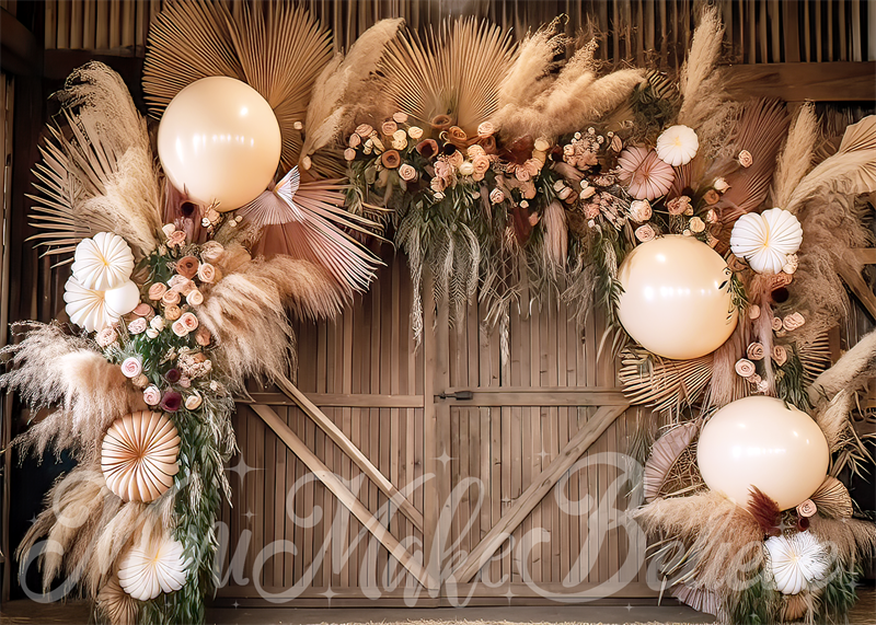 Kate Painterly Fine Art Boho Blume und große Ballon Bogen in Scheune Cake Smash Geburtstag Hintergrund von Mini MakeBelieve - Kate Backdrop.de