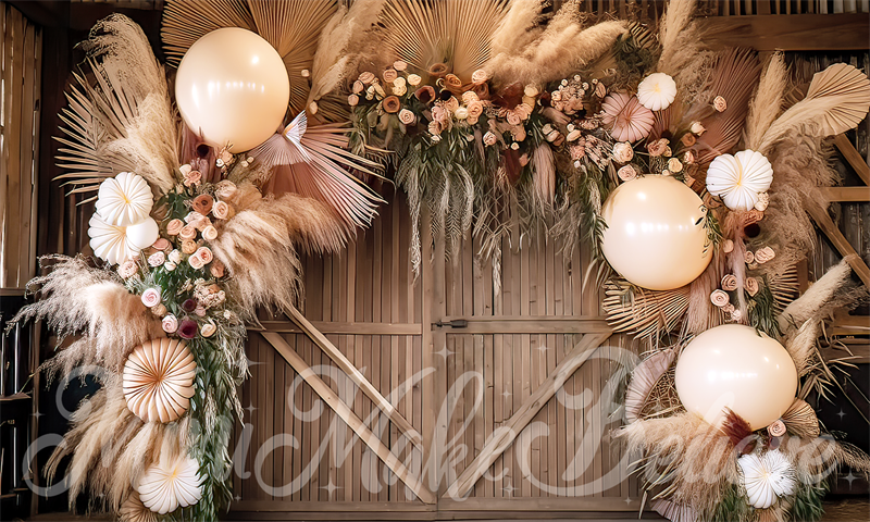 Kate Painterly Fine Art Boho Blume und große Ballon Bogen in Scheune Cake Smash Geburtstag Hintergrund von Mini MakeBelieve - Kate Backdrop.de