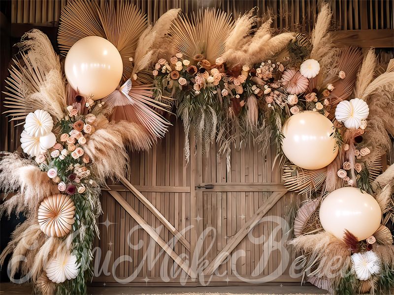 Kate Painterly Fine Art Boho Blume und große Ballon Bogen in Scheune Cake Smash Geburtstag Hintergrund von Mini MakeBelieve - Kate Backdrop.de