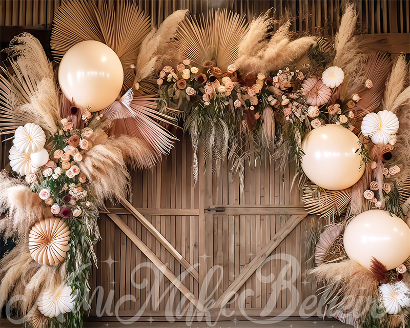 Kate Painterly Fine Art Boho Blume und große Ballon Bogen in Scheune Cake Smash Geburtstag Hintergrund von Mini MakeBelieve - Kate Backdrop.de